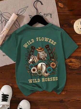 Tween Girl's Cartoon Girl And Horses Print Round Neck Short Sleeve Tee Spring And Summer Casual T Shirt For Kids