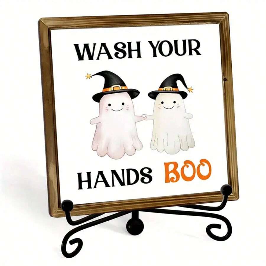 1 Piece Halloween Bathroom Door Decoration - Wash Hand Boo Decoration With Cute Witch Hat Ghost, Rustic Wood Hanging Sign With Metal Hook For Indoor/Outdoor Hanging - Spooky Home, Party Or Halloween Gift Decoration - No Batteries Required, Fun Holiday Design, Durable Wooden Construction