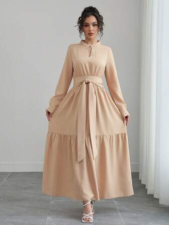 Women's Solid Color Round Neck Long Sleeve Tie-Up Elegant Dress, Casual Everyday Wear