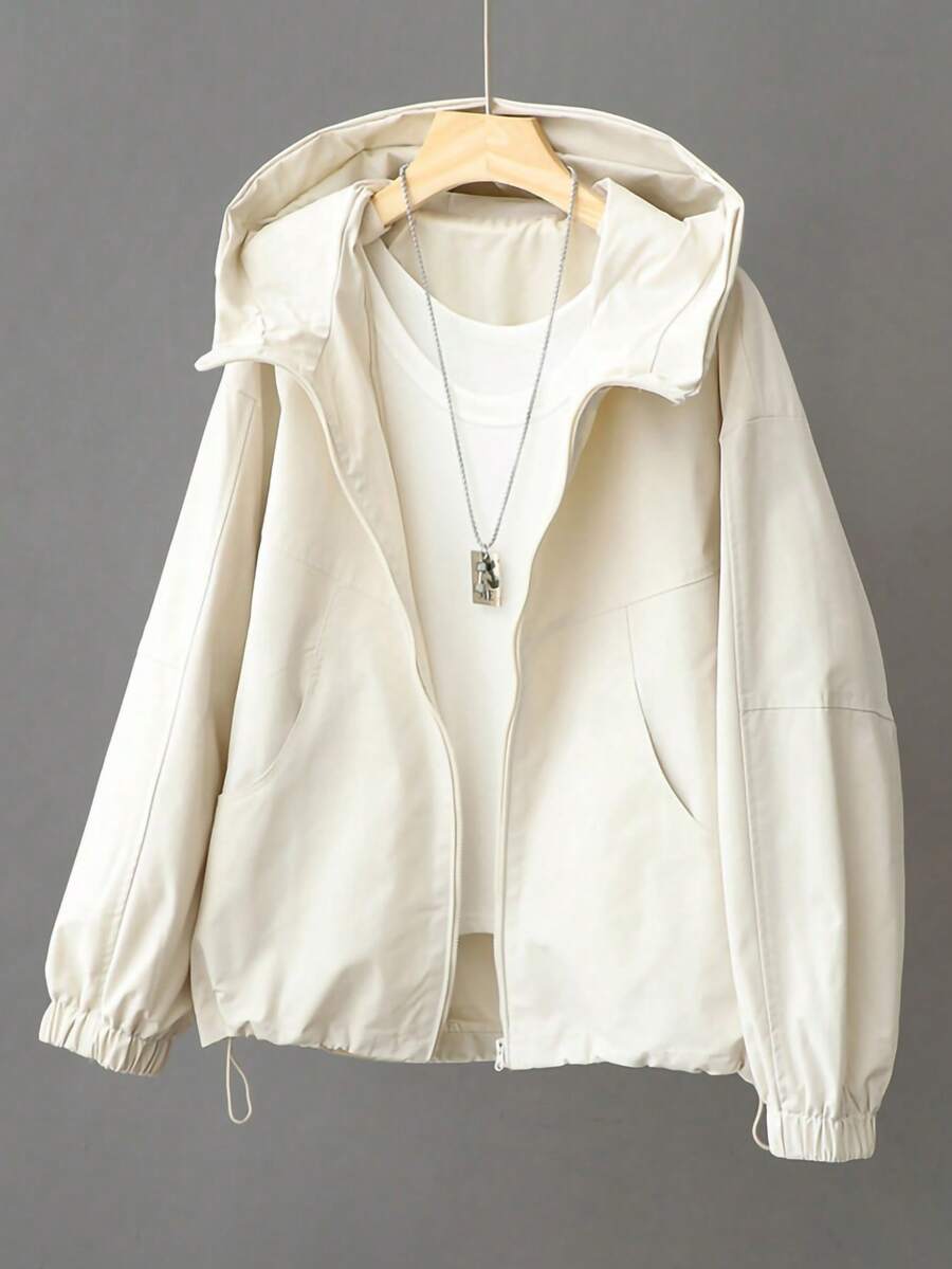 Women's Casual Hooded Loose Jacket, Military Style Windbreaker - Apricot - View 1