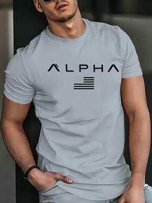 Camiseta de manga corta verde de 100% poliéster con diseño personalizado, texto "ALPHA" e impresión de logotipo minimalista, tela transpirable, casual, de secado rápido y ligera para hombre en verano - Multicolor - Ver 2