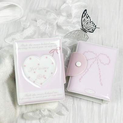 1 pieza Portador de tarjetas K-Pop de 3-3.5 pulgadas, álbum de fotos en forma de corazón con lazo de rosa rosa de gran capacidad de 3-3.5 pulgadas, libre de ácido y PVC (se seleccionan aleatoriamente dos tipos de cadenas)