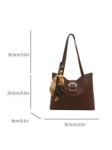 PU Shoulder Tote Bag With Scarf Pattern, Large Capacity, Lightweight And Versatile, Suitable For Commuting - Chocolate Brown - View 7