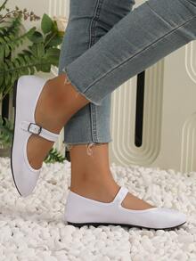 Women's Mary Jane Flats With Buckle Strap – Microfiber Suede Ballet Shoes With TPR Outsole – Casual Round Toe Slip-On Black Dress Flats - 白色 - 查看 3