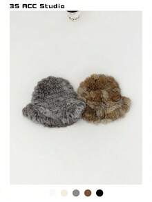 1pc Women's Angora Rabbit Fur Bucket Hat, Fashionable & Warm For Autumn And Winter
