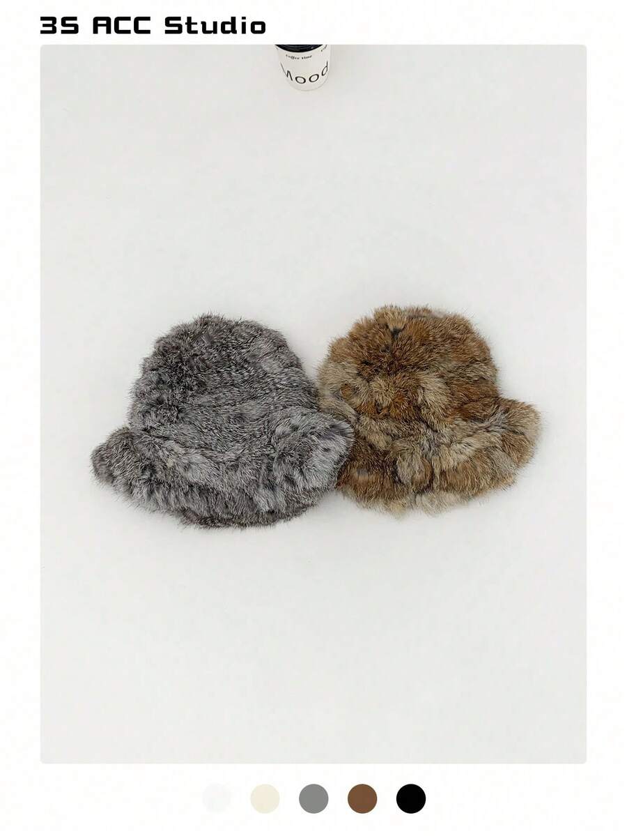 1pc Women's Angora Rabbit Fur Bucket Hat, Fashionable & Warm For Autumn And Winter