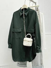 复古宽松口袋纽扣长袖条纹可爱漂亮休闲优雅衬衫上衣，适合女士，秋冬季节/圣诞节/感恩节穿着 - 軍綠色 - 查看 3