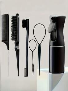 6件套美发工具套装，包含梳子、刷子、顺发梳、鼠尾梳和喷雾瓶 - 适合女孩和女士，梳理顺滑，不打结；柔软的刷子按摩头皮并拉直头发；顺发梳可清理分叉；鼠尾梳可轻松打造编织和盘发发型；喷雾瓶可均匀喷雾头发，保持头发湿润。满足日常发型设计需求，让发型设计变得轻松有趣。, 发饰, 美发套装, 美发工具套装, 家居美容女性配饰礼品 - 彩色 - 查看 14