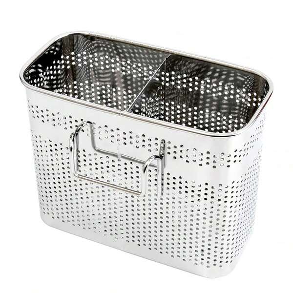 Kitchen Utensils Chopsticks Holder Drying Rack Basket With Hooks 2 Divided Compartments Quality Stainless Steel Large L5.4 X H4.3 X W2.6