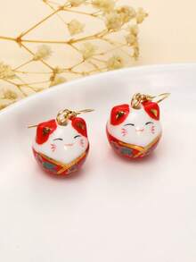 1 par de brincos fofos de cerâmica Maneki-Neko (gato da sorte), brincos da sorte feitos à mão, adequados para uso diário feminino e presentes de Natal - Vermelho - Ver 11