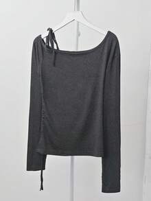 系带肩部镂空长袖修身 T 恤，不对称下摆性感套头衫 - 灰色 - 查看 8