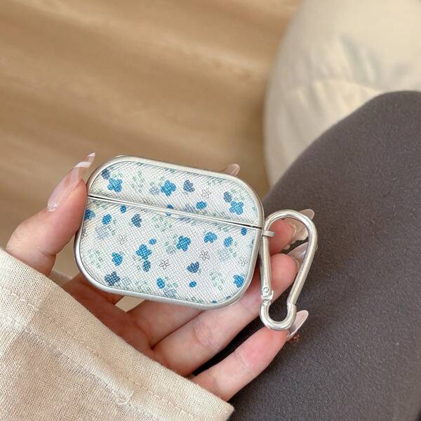 Husă de protecție pentru căști cu design floral albastru pentru AirPods și Sam Sung, compatibilă cu AirPods 1/2/3/4/Pro/Pro2 și Sam Sung Galaxy Buds 3/Buds 3 Pro, concepută pentru fete, cu cârlig argintiu
