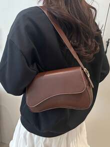 Minimalist Solid Color Shoulder Flap Bag, Classic Textured Crossbody Bag Purse For Women - Coffee - View 5