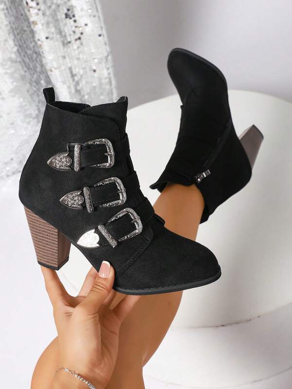 Women's Autumn/Winter Boots, New Short Boots, Fashion Round Toe Ankle Boots, Pointed Toe Buckle Mid-Calf Boots, Comfortable Versatile Side Zipper Short Boots, Black Western Style Buckle Side Zipper Boots, Holiday