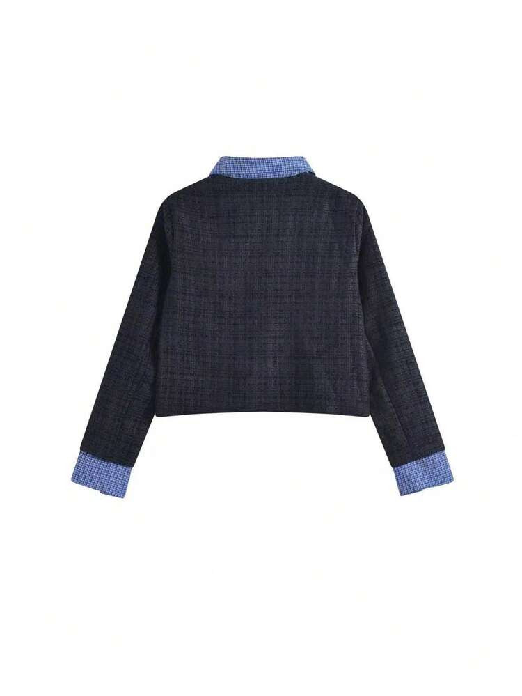 韩版修身蓝色单排扣夹克设计感优雅二合一上衣 - 藍色 - 查看 2