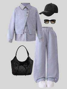 秋季女童休闲条纹衬衫、灰色夹克三件套 - 灰色 - 查看 2