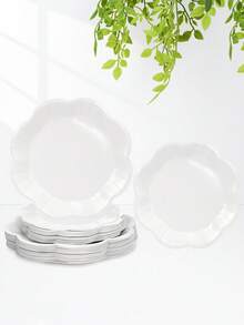 10 piezas/20 piezas/50 piezas Platos de papel rojos de 7 pulgadas con borde ondulado, platos de cena rojos con forma floral de 9 pulgadas, decoraciones elegantes de mesa para fiestas, bodas, baby shower, cumpleaños, Navidad, Año Nuevo, platos para pasteles, artículos para fiestas - Blanco - Ver 1