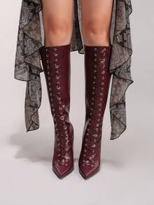 秋冬女士系带酒红色过膝长靴，性感尖头派对/舞会拉链粗跟高筒靴，时尚 - 酒紅色 - 查看 8