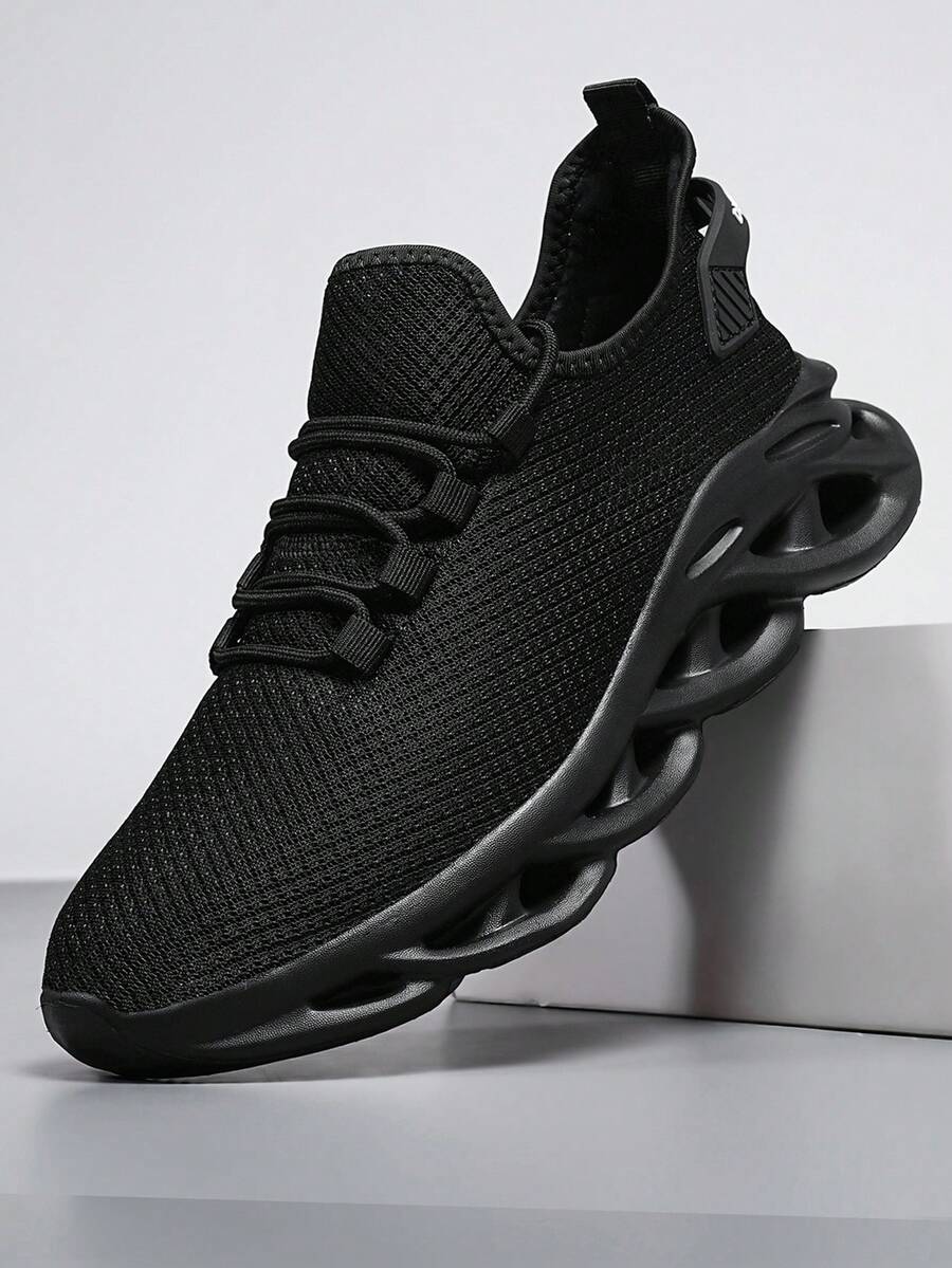 Women's Black Wave Sole Knit Sneakers - Everyday Comfort Support For Urban Walk, Year-Round Breathable Minimalist Wear - 黑色 - 查看 1