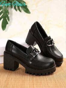 Foot Flair 女士金属链条装饰厚底圆头套脚高跟鞋，复古风格，大码，PU 皮革牛津鞋，黑色，英伦风职业平底鞋（选择尺码时请参考尺码指南） - 黑色 - 查看 9