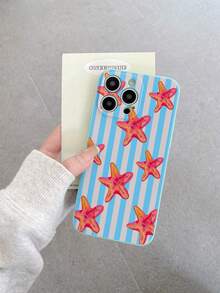 Compatible avec les modèles Apple 16, 15, 14, 13, 12, 11 Pro Max//Redmi/OPPO/Realme/Infinix. Étui de téléphone carré en TPU avec design d'étoile de mer rayé, frais d'été, couleur turquoise. Anti-chute, portable. - cyan clair - Voir 1