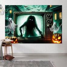 1pc-Halloween Horror Photo Backdrop - Terrifying Skeleton Zombie & Ghost Graveyard Scene, Heavy Duty Polyester Fabric For Photography Booth, Spooky Party Decor, Indoor Outdoor Haunted Wall Display