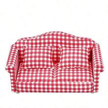 1 Set 1:12 Dollhouse Miniature Furniture Model Living Room Micro Scene, White & Red Plaid, Red Striped Floral Fabric Sofa Set Of 3 Pcs With 4 Cushions, Doll House Sofa, Loveseat, Miniature Furniture, Cute Small Sofa, Suitable As Christmas Gift, Holiday Gift - Multicolor - View 13