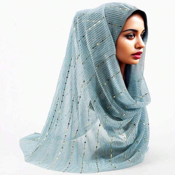 1 pieza Bufanda de mujer con encaje de lentejuelas, bufanda de gasa de unicolor, pañuelo musulmán