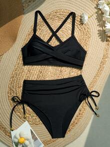 Women's Black V-Neck Twisted Detail Halter Bikini Top And High-Waist Ruched Swim Bottom Set, Casual Swimwear Vacation Summer Beach - Black - View 2