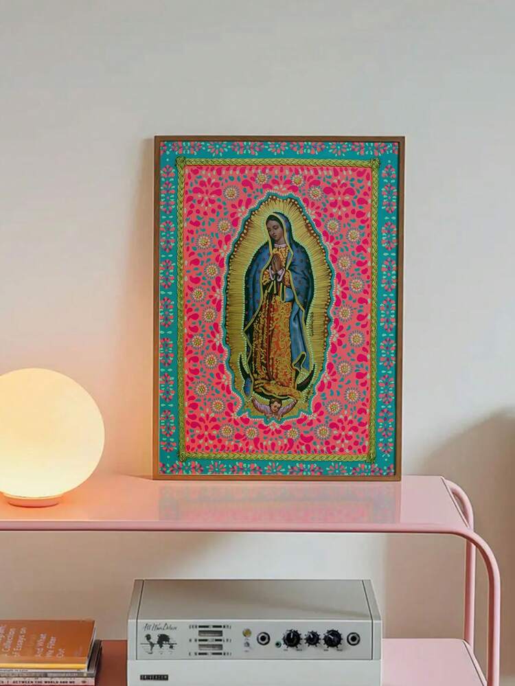 [Vintage Canvas Painting] Vintage Single Framed Guadalupe Virgin Mary Canvas Poster | 2D Flat Wall Decor, Unique Creative Art Piece, Suitable For Living Room, Bedroom, Office, Dining Room, Perfect Gift - Multicolor - View 1