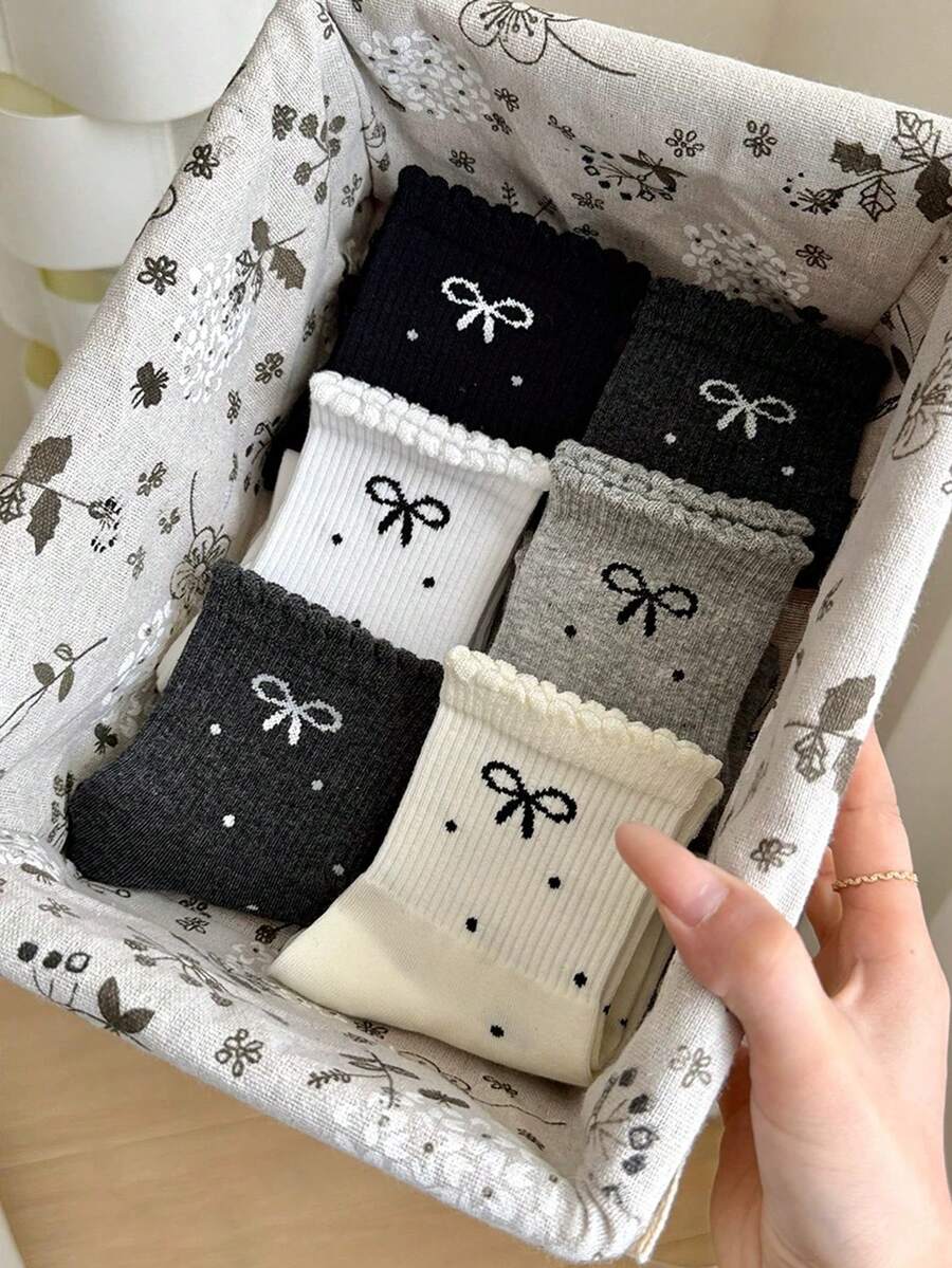 4双儿童春夏蝴蝶结波点学院风荷叶边弹力中筒袜 - 彩色 - 查看 1