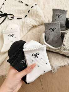 4双儿童春夏蝴蝶结波点学院风荷叶边弹力中筒袜 - 彩色 - 查看 6