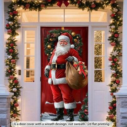 2D 门牌，圣诞老人 2D 门牌 - 高品质聚酯纤维，无需电源，适用于大多数门，非常适合圣诞派对装饰，节日门装饰 | 充满活力的门牌 | 聚酯纤维门罩，圣诞门装饰