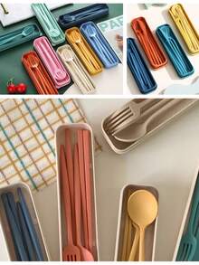 莫兰迪风格北欧餐具四件套，含筷子、勺子、刀叉，并配有便携式餐具和盒子，适合学生、旅行和厨房、开学季 - 彩色 - 查看 14