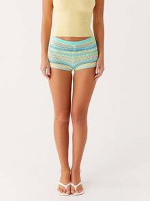 Women's Y2K Striped Crochet Knit Shorts Rainbow Color Block Elastic Waisted Comfy Lounge Mini Shorts - Màu xanh lam - Xem 6