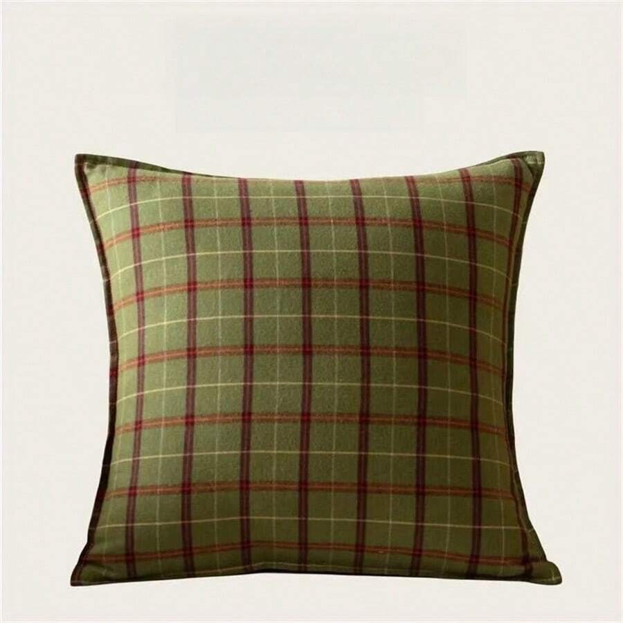 1pc Plaid Pillow Cover, Vintage Classic Decorative Pillow Sham, Scottish Style Cushion Cover For Sofa, Zipper Removable Cover (Pillow Insert Not Included) - Grass Green Grid - View 1
