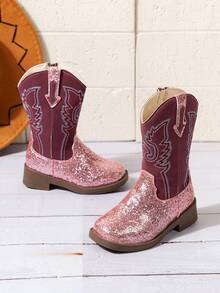 1 Pair Children's Purple Sequin High-Top Square Toe PU Boots, Suitable For Outdoor Sports - Purple - View 9