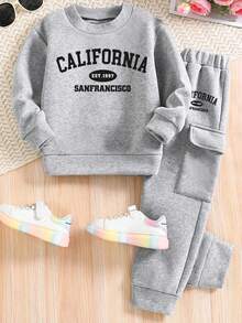 Tween Boy Letter Graphic Print Crew Neck Sweatshirt And Sweatpants Set - Grey - View 2