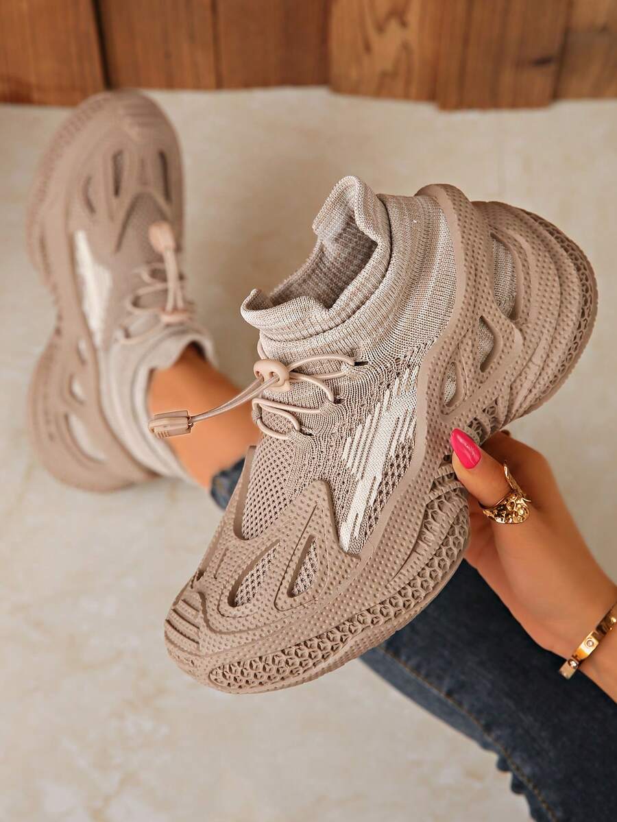 Women's Casual Sneakers, Fashion Thick Sole Versatile Elastic Knit Slip-On Athletic Shoes, Soft Bottom Comfortable Mom Shoes, Hiking Shoes - Khaki - View 1