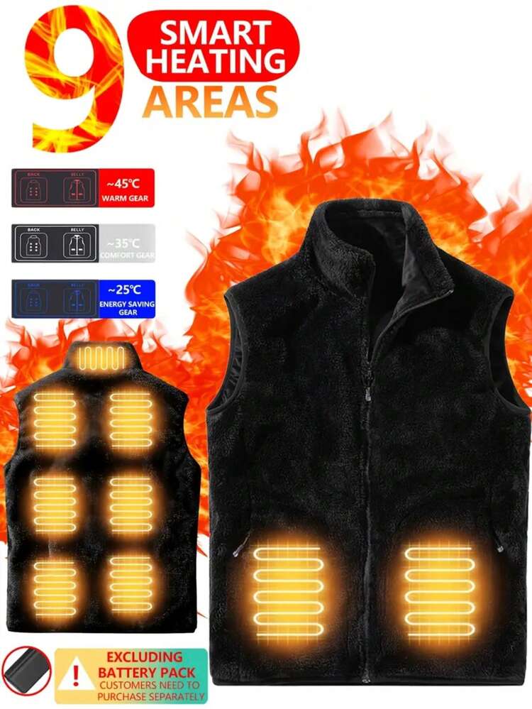 9-Zone Heating, Men's Smart Heated Vest, Carbon Fiber USB Port, Polyester, Opaque, Solid Color, Stand-Up Collar, Zipper Detail, Suitable For Autumn And Winter Outdoor Activities (Power Bank Not Included) - Black - View 1