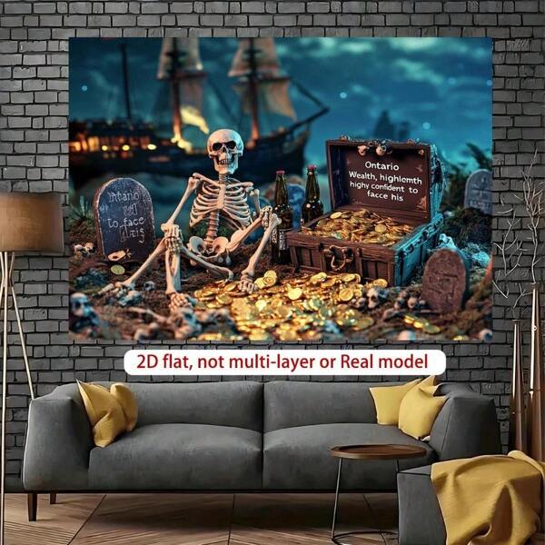 2D platte piratenschatkist en schedelachtergrond - Halloween-feestdecoratie, thema-evenementen, geen elektriciteit nodig, polyestermateriaal, meerdere maten beschikbaar, Halloween-decoratie