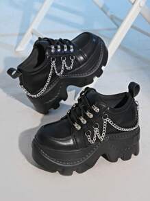 Women's Punk Style Lace-Up Metal Eyelet Platform Casual Sneakers, Versatile Business Shoes - Black - View 11