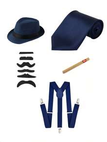 Value 5-Piece Set 1920s Men's Costume Hat, Includes 1920s Men's Hat, Tie, Fake Mustache, Accessories, Suspenders, Ball And Party Costume Halloween Outfit Accessories - Multicolor - View 13