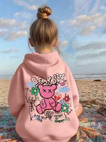 1pc Tween Girls' Cartoon Bear & Floral Hooded Sweatshirt, Comfortable For Outdoor Play And Personalized Style, Suitable For Spring/Autumn - Pink - View 6