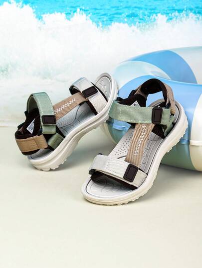 1 par de sandalias deportivas transpirables de material de tela con punta abierta para niños, sandalias para campamento y playa para adolescentes