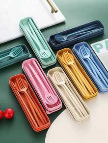 莫兰迪风格北欧餐具四件套，含筷子、勺子、刀叉，并配有便携式餐具和盒子，适合学生、旅行和厨房、开学季 - 彩色 - 查看 4