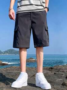 1pc Teen Boy Casual Outdoor Pocket Fashionable Simple Cargo Shorts, Spring & Autumn