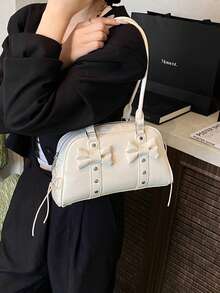 女士复古保龄球包，PU皮革材质，简约纯色手提包，多功能单肩斜挎包，适合工作、通勤、约会、派对等场合，时尚女士波士顿包