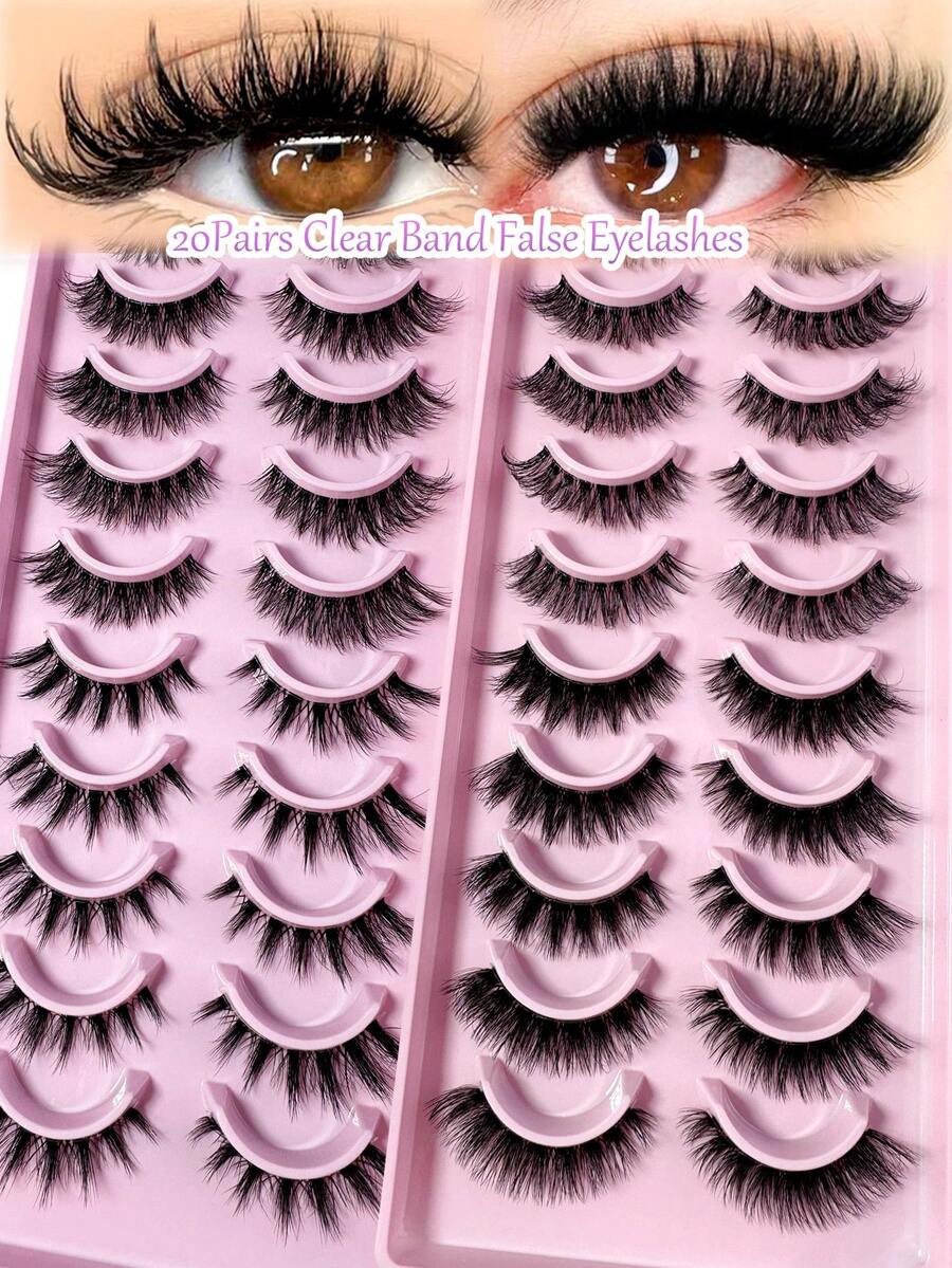 Mix 20Pairs Manga Cat Eye Style Clear Band False Eyelashes 5D Fluffy Eyelashes Natural Volume And Soft False Eyelashes,Comfortable To Wear Faux Mink Lashes,Reusable For Cosplay And Used Daily Makeup Extension - màu đen - Xem 1