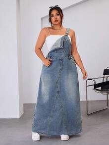 女士时尚纯色休闲牛仔口袋水洗牛仔套头连衣裙，无弹力，加大码，适合日常穿着，春夏秋冬